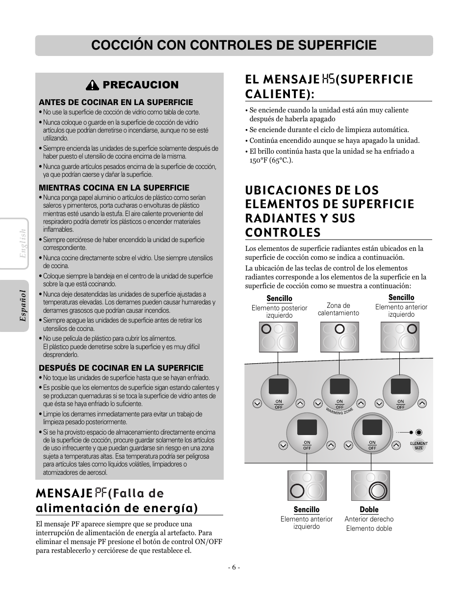 Cocción con controles de superficie, Precaucion | LG LRE30755SW User Manual | Page 42 / 72