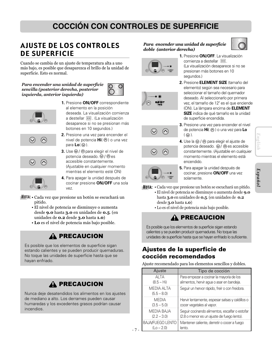 Cocción con controles de superficie, Ajuste de los controles de superficie, Ajustes de la superficie de cocción recomendados | Precaucion | LG LRE30755SW User Manual | Page 43 / 72