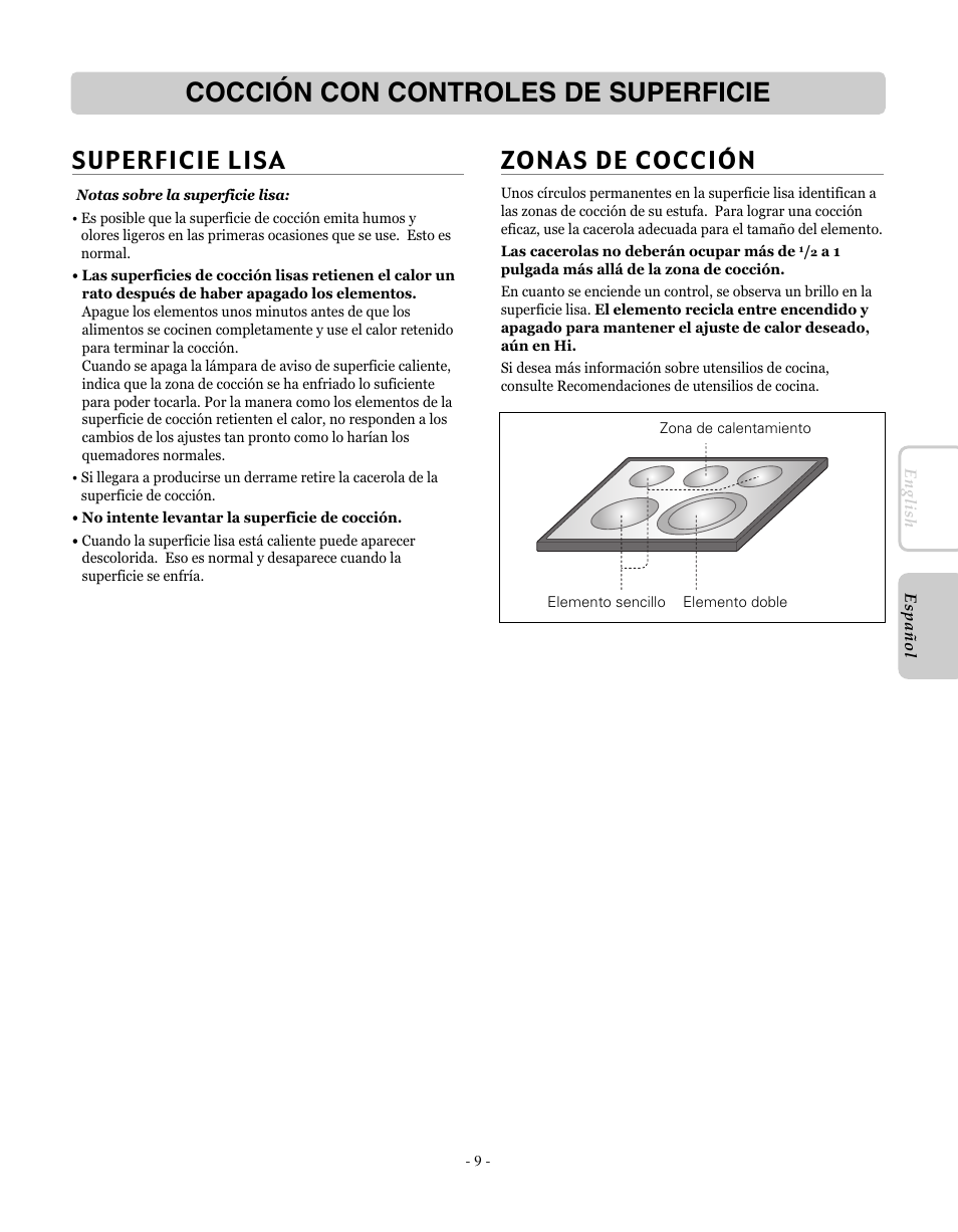 Cocción con controles de superficie, Zonas de cocción, Superficie lisa | LG LRE30755SW User Manual | Page 45 / 72