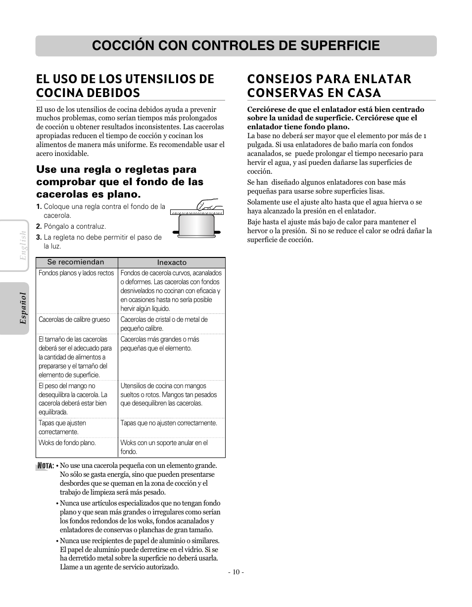 Cocción con controles de superficie, Consejos para enlatar conservas en casa, El uso de los utensilios de cocina debidos | LG LRE30755SW User Manual | Page 46 / 72