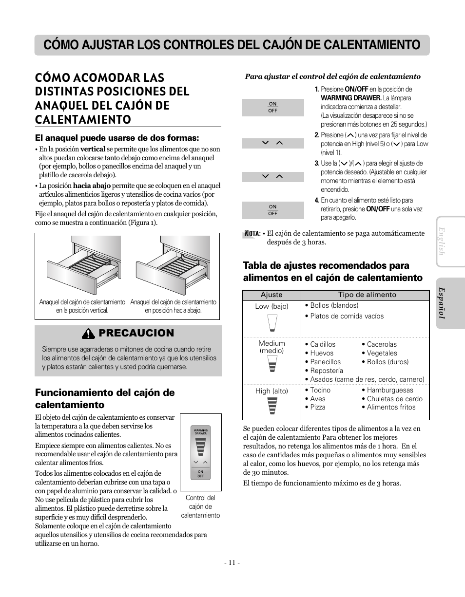 Funcionamiento del cajón de calentamiento, Precaucion | LG LRE30755SW User Manual | Page 47 / 72