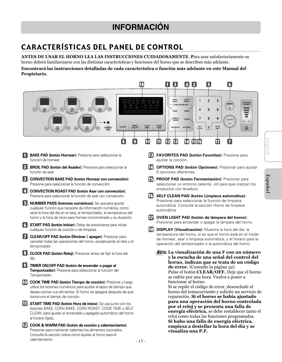 Información, Características del panel de control | LG LRE30755SW User Manual | Page 49 / 72