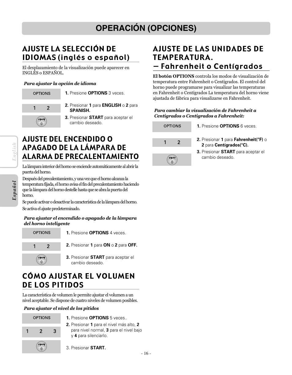 Operación (opciones), Cómo ajustar el volumen de los pitidos, Ajuste la selección de idiomas (inglés o español) | LG LRE30755SW User Manual | Page 52 / 72