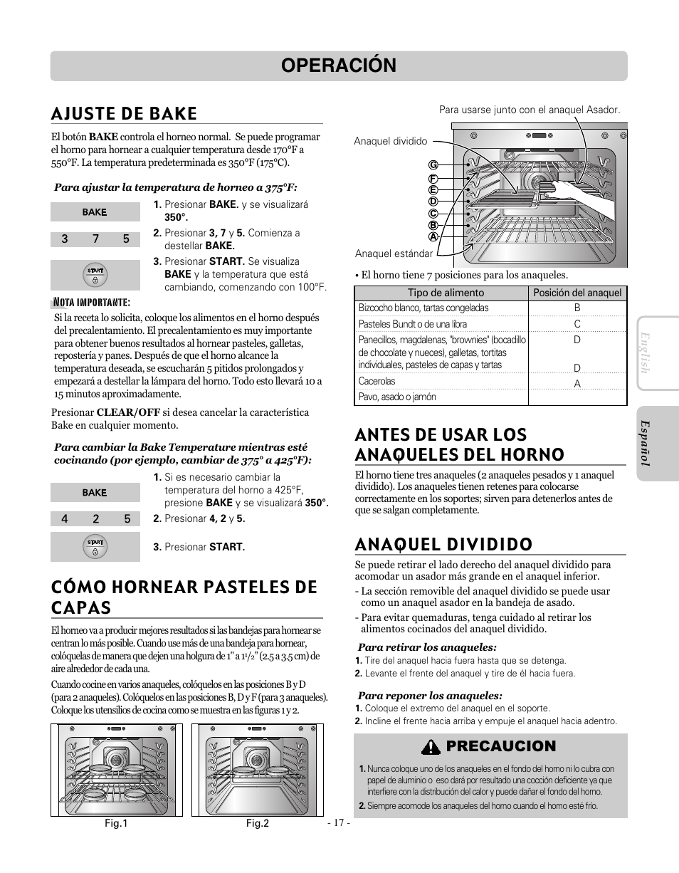 Operación, Ajuste de bake, Cómo hornear pasteles de capas | Antes de usar los anaqueles del horno, Anaquel dividido, Precaucion | LG LRE30755SW User Manual | Page 53 / 72