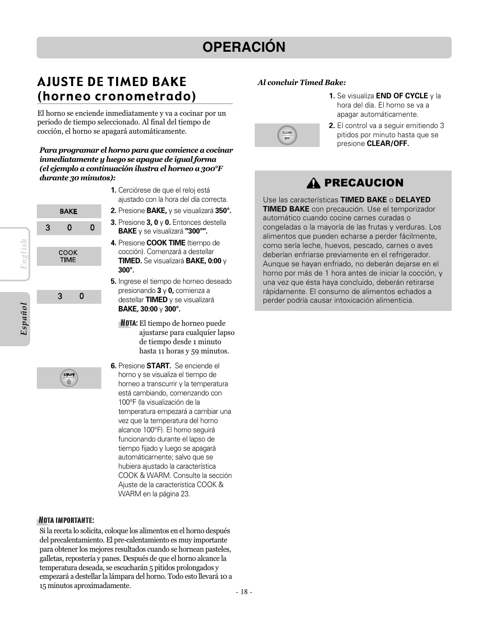 Operación, Ajuste de timed bake (horneo cronometrado), Precaucion | LG LRE30755SW User Manual | Page 54 / 72