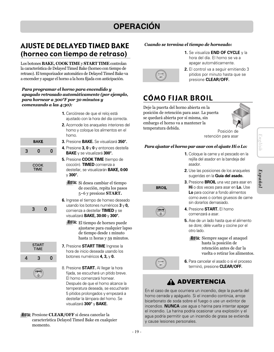 Operación, Cómo fijar broil, Advertencia | LG LRE30755SW User Manual | Page 55 / 72