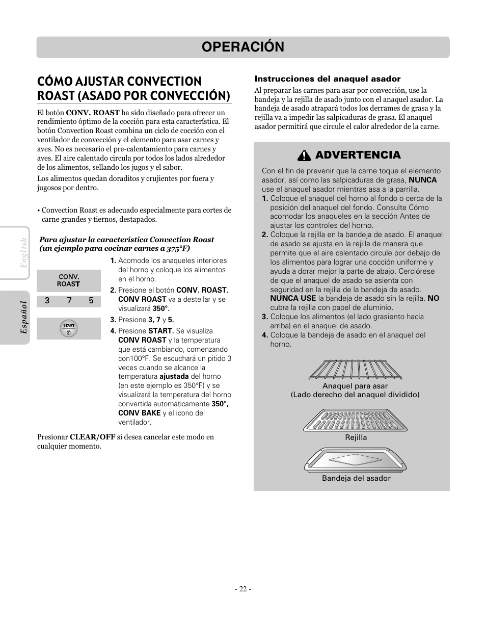 Operación, Advertencia | LG LRE30755SW User Manual | Page 58 / 72
