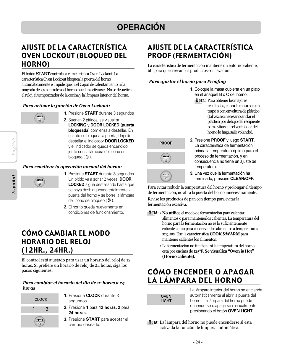 Operación, Ajuste de la característica proof (fermentación), Cómo encender o apagar la lámpara del horno | LG LRE30755SW User Manual | Page 60 / 72