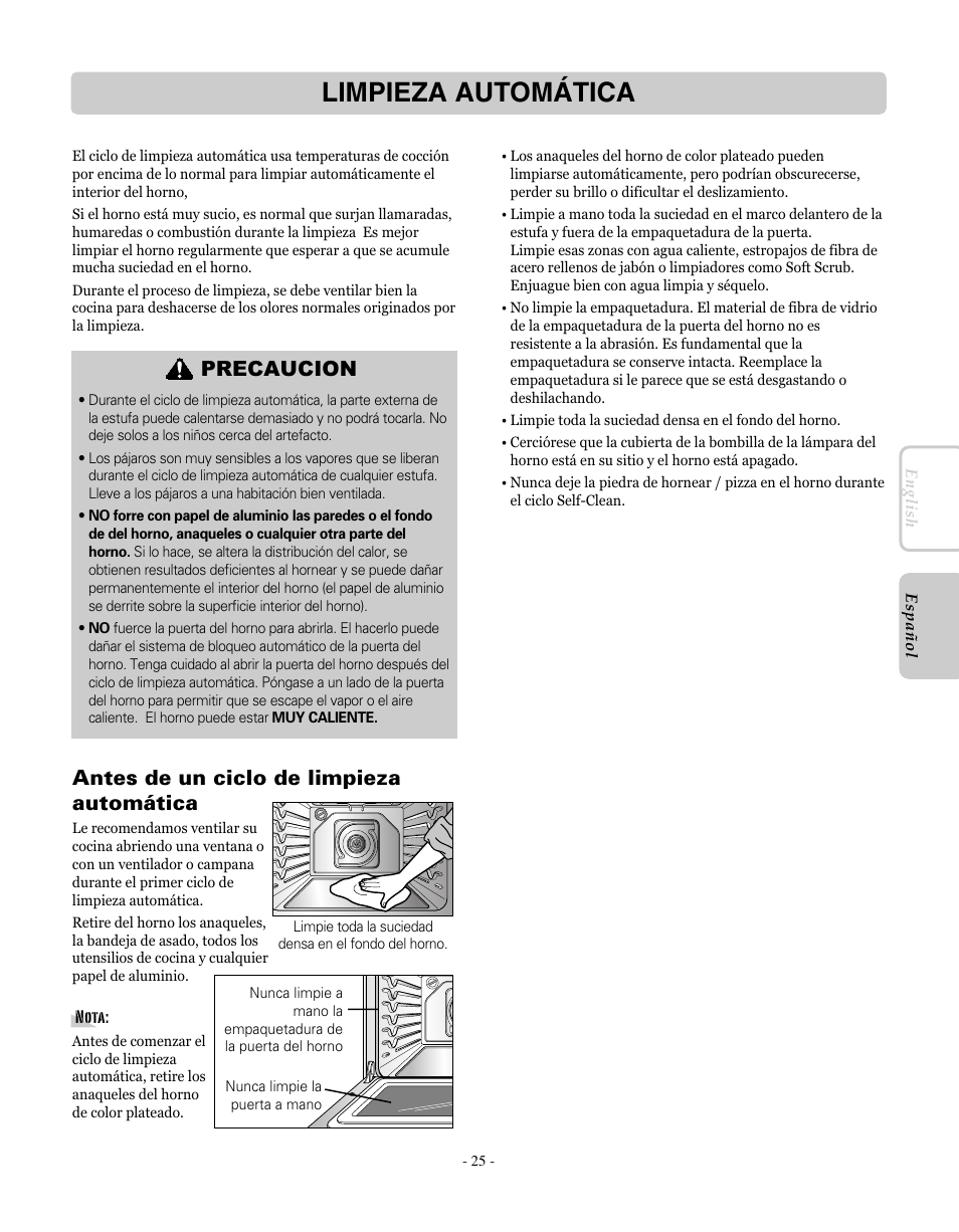Limpieza automática, Antes de un ciclo de limpieza automática, Precaucion | LG LRE30755SW User Manual | Page 61 / 72