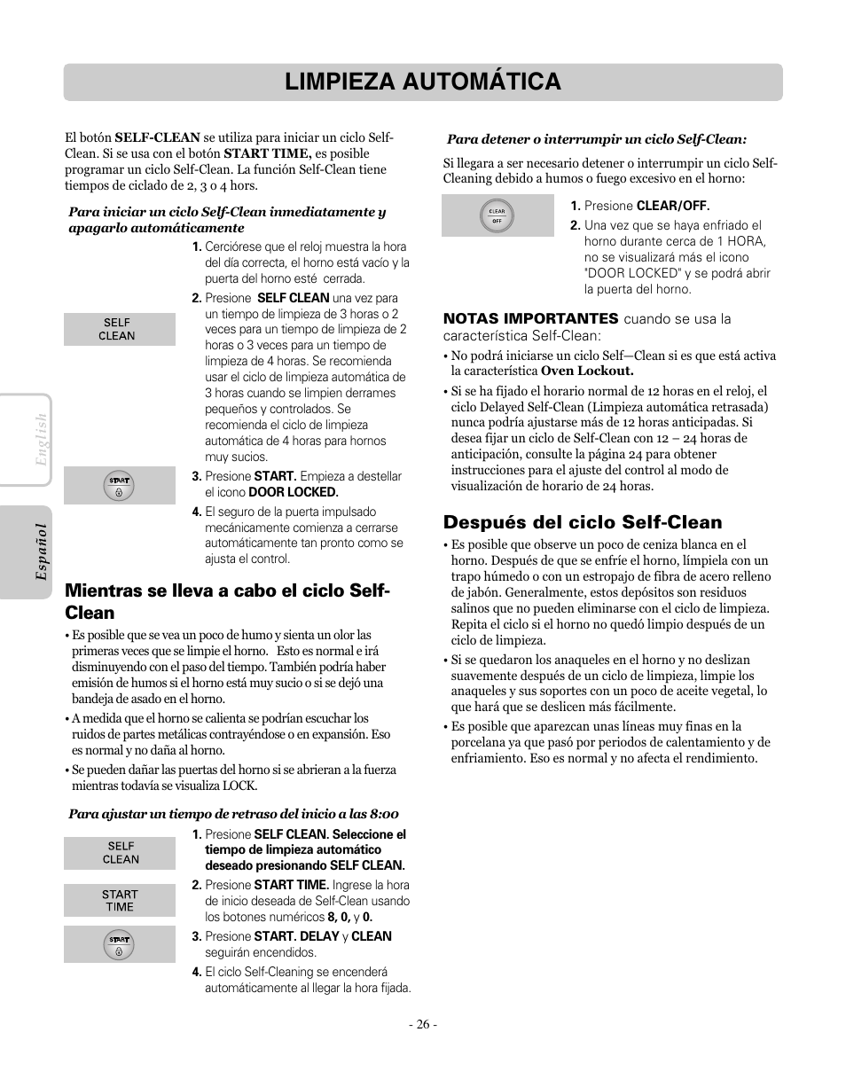 Limpieza automática, Mientras se lleva a cabo el ciclo self- clean, Después del ciclo self-clean | LG LRE30755SW User Manual | Page 62 / 72