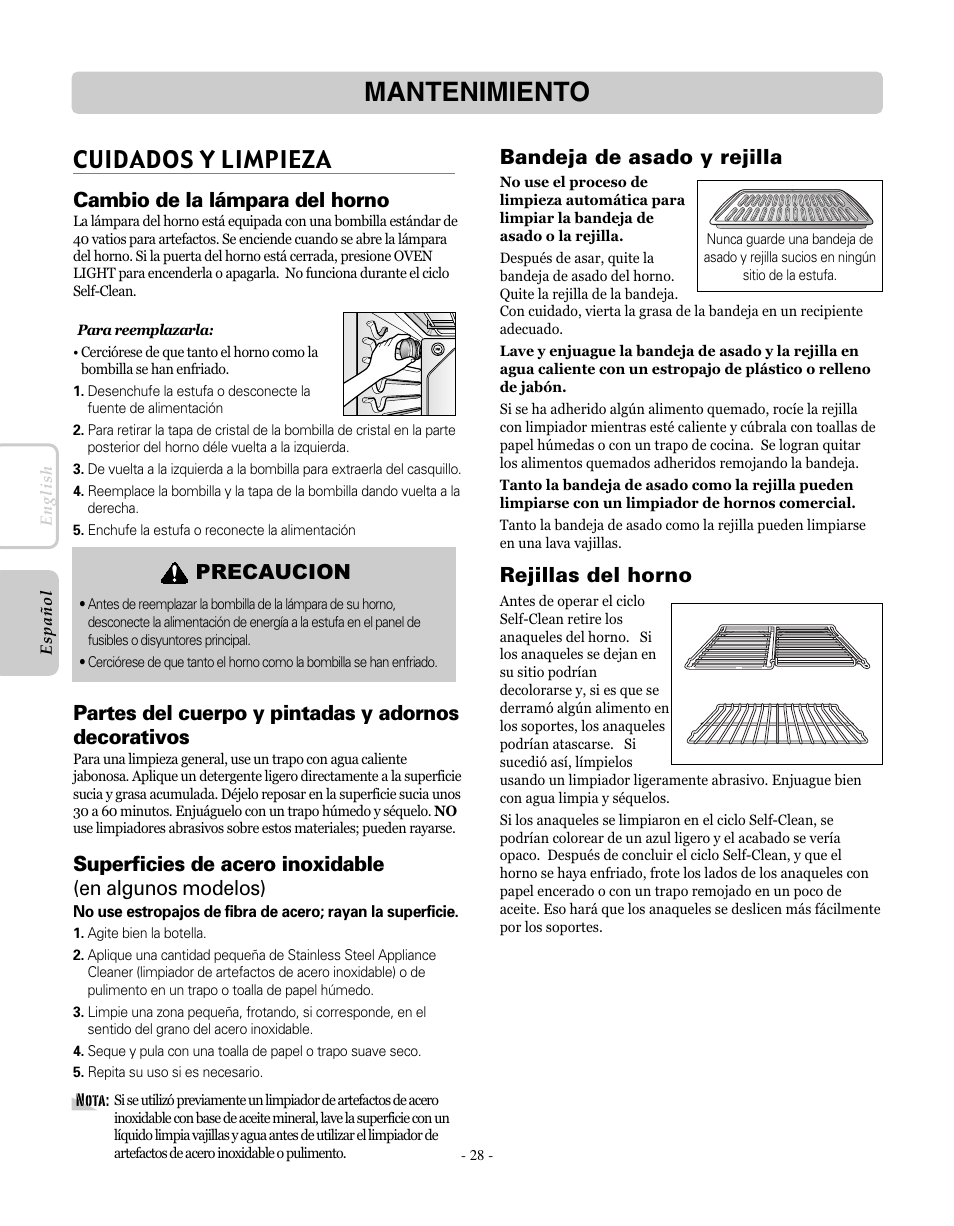 Mantenimiento, Cuidados y limpieza, Cambio de la lámpara del horno | Partes del cuerpo y pintadas y adornos decorativos, Bandeja de asado y rejilla, Rejillas del horno, Precaucion | LG LRE30755SW User Manual | Page 64 / 72