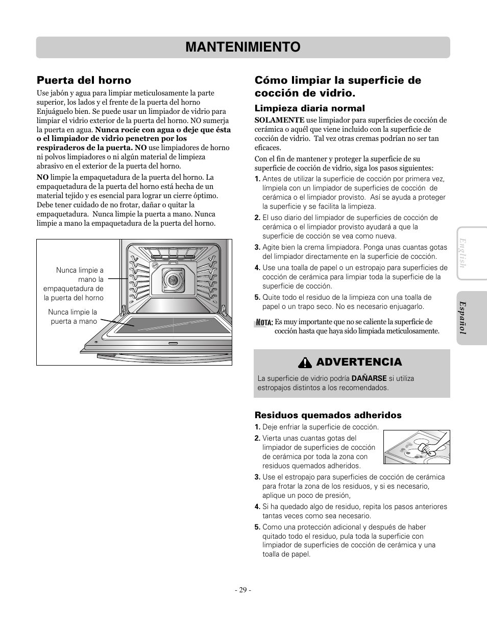 Mantenimiento, Puerta del horno, Cómo limpiar la superficie de cocción de vidrio | Advertencia | LG LRE30755SW User Manual | Page 65 / 72