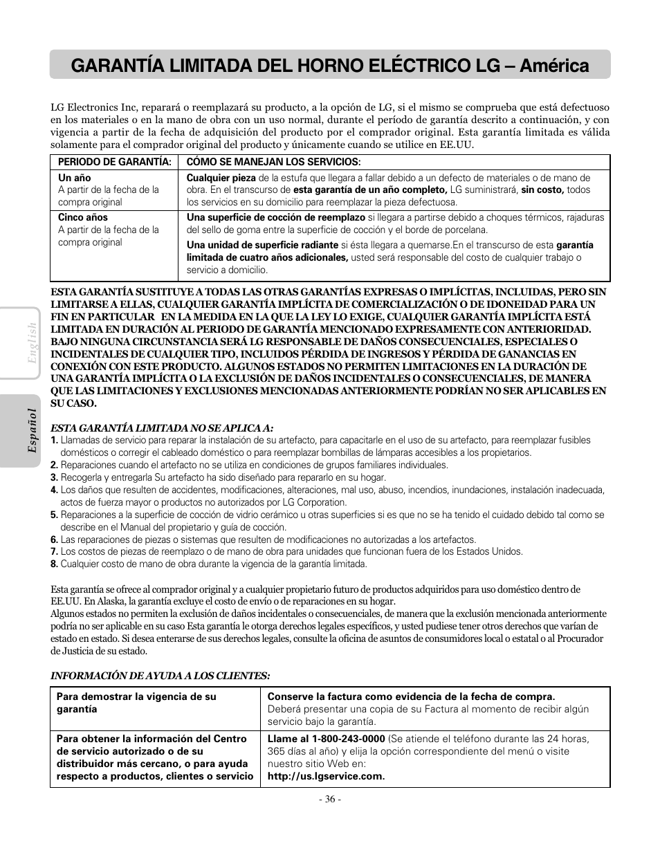 Garantía limitada del horno eléctrico lg – américa | LG LRE30755SW User Manual | Page 72 / 72
