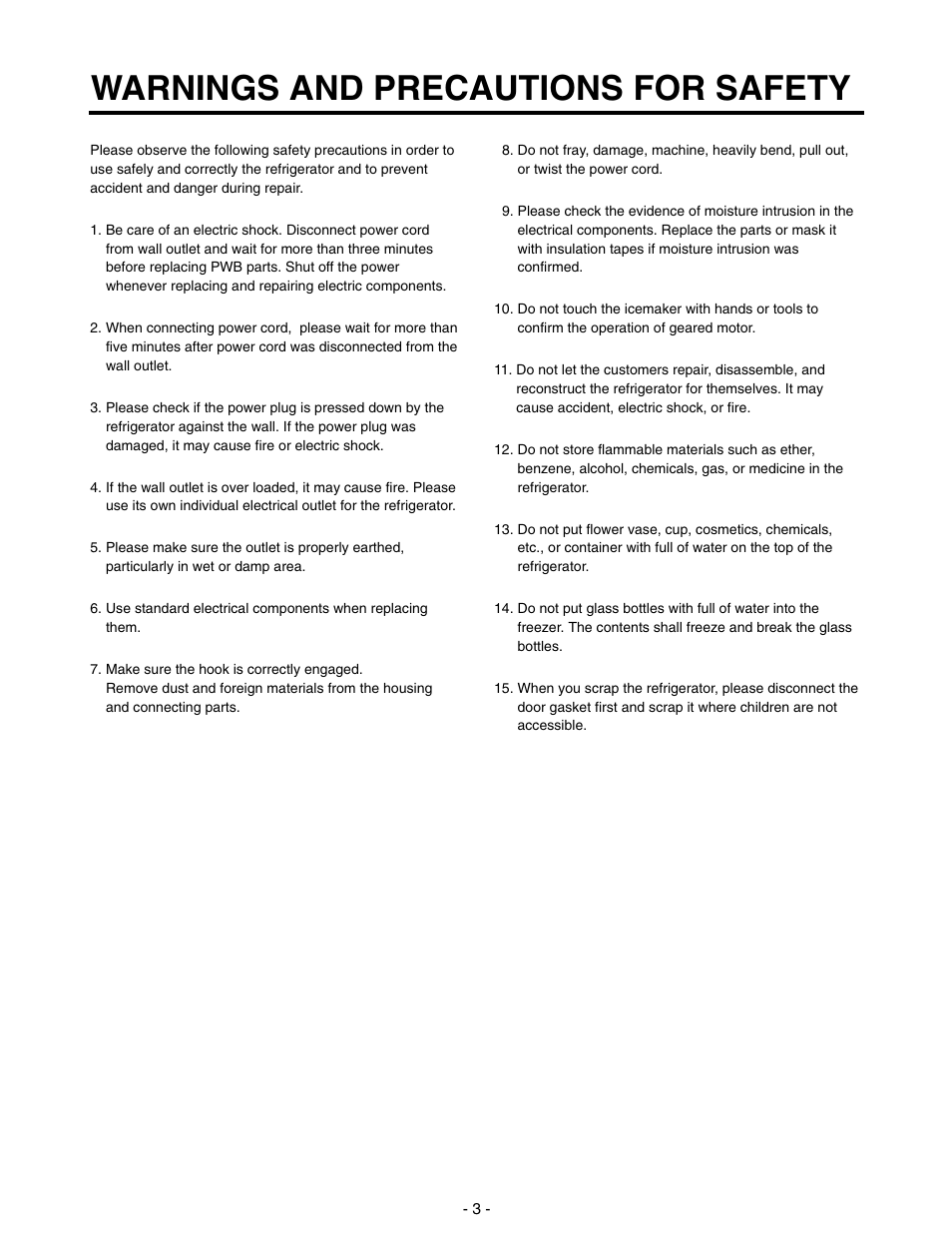 Warnings and precautions for safety | LG SXS GR-P257/L257 User Manual | Page 3 / 99