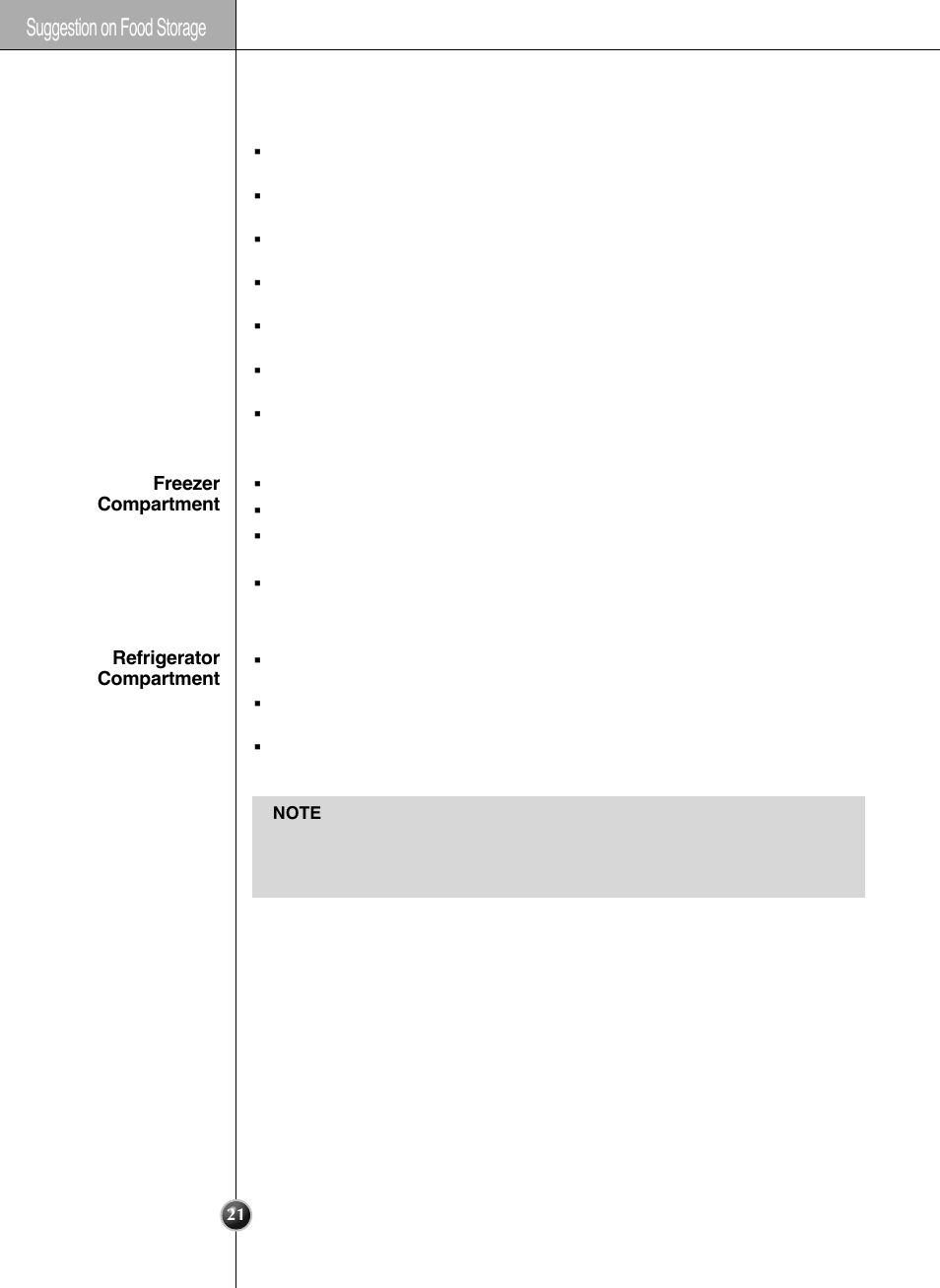 Storing foods, Suggestion on food storage | LG LSC 26905TT User Manual | Page 21 / 31