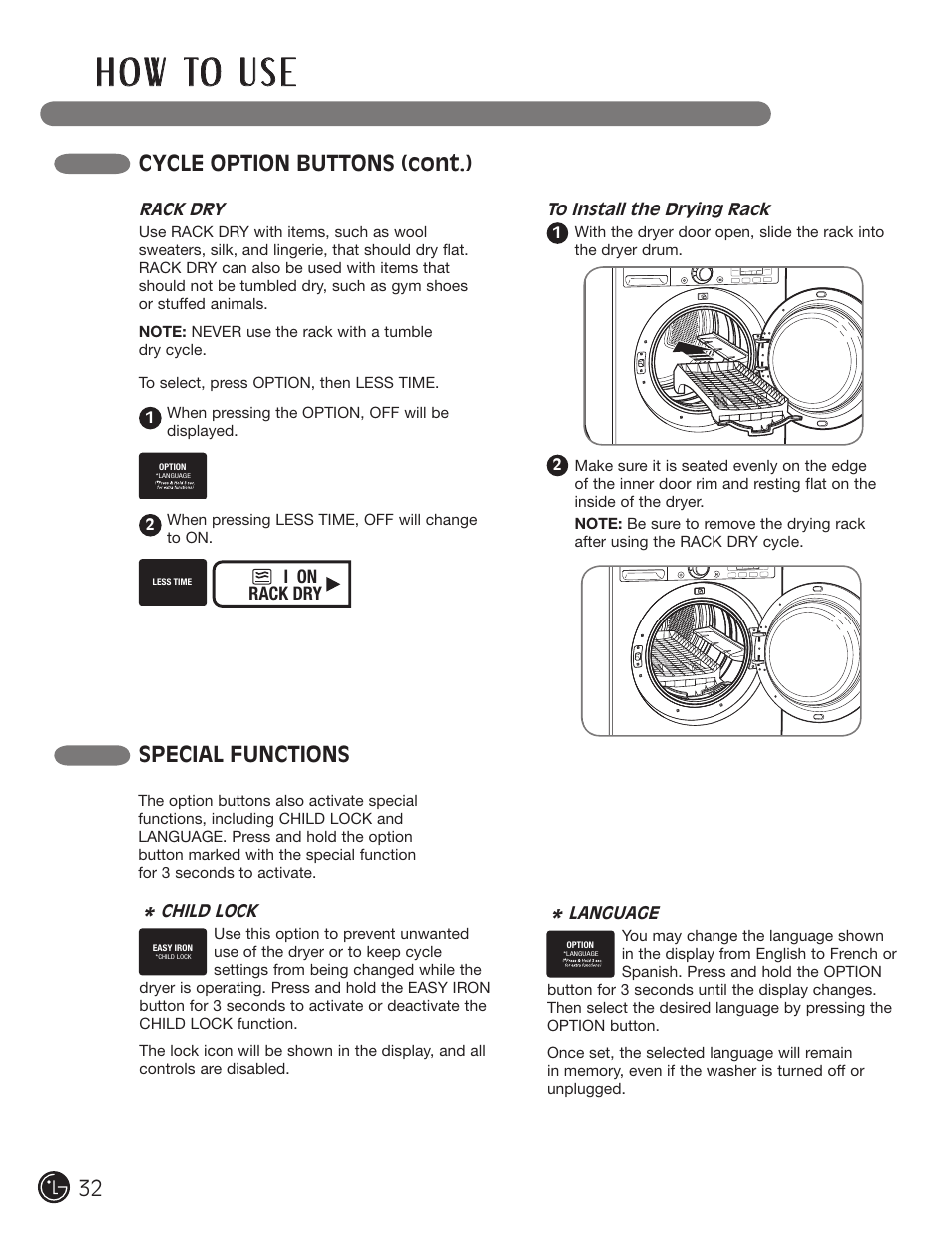 H o w to u s e, Special functions, Cycle option buttons (cont.) | LG DX0002TM User Manual | Page 32 / 144