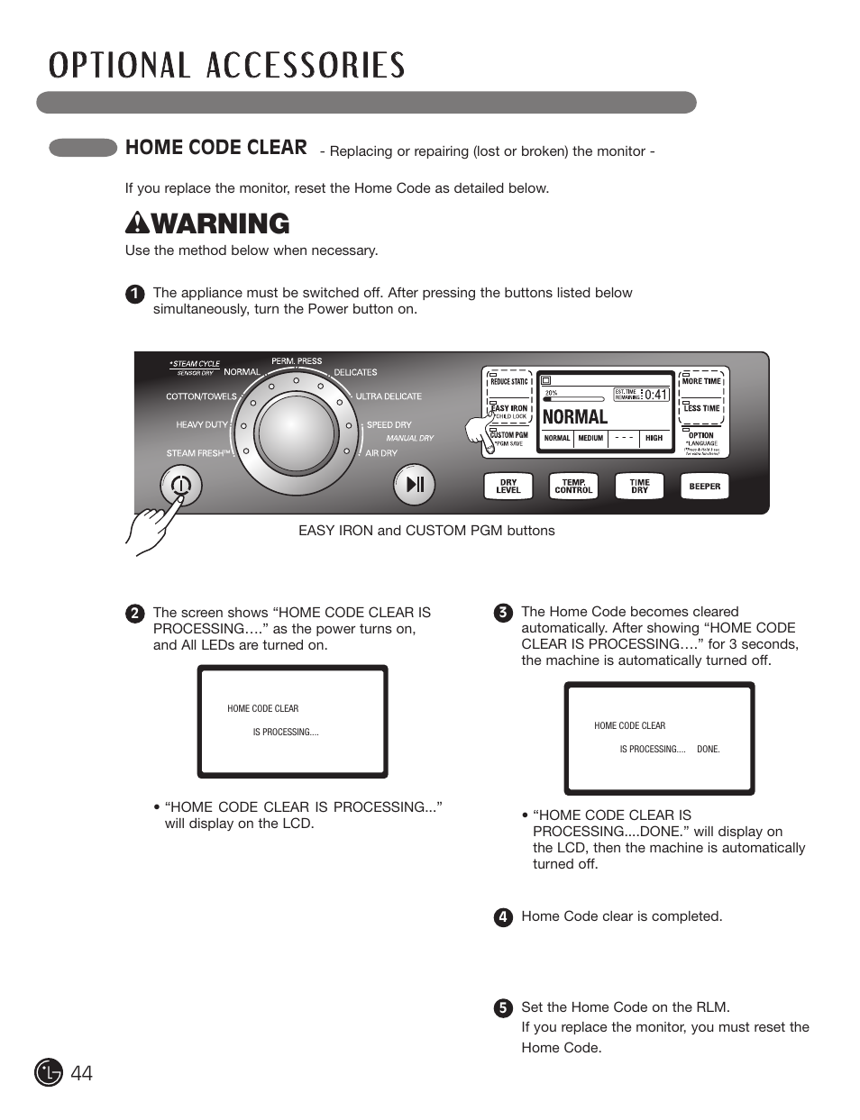 Wwarning, Home code clear | LG DX0002TM User Manual | Page 44 / 144