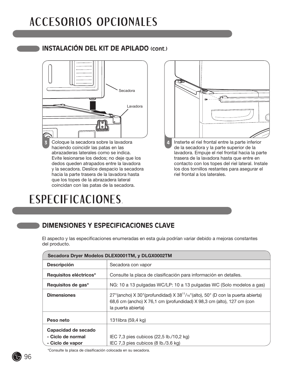 Instalación del kit de apilado, Dimensiones y especificaciones clave | LG DX0002TM User Manual | Page 96 / 144