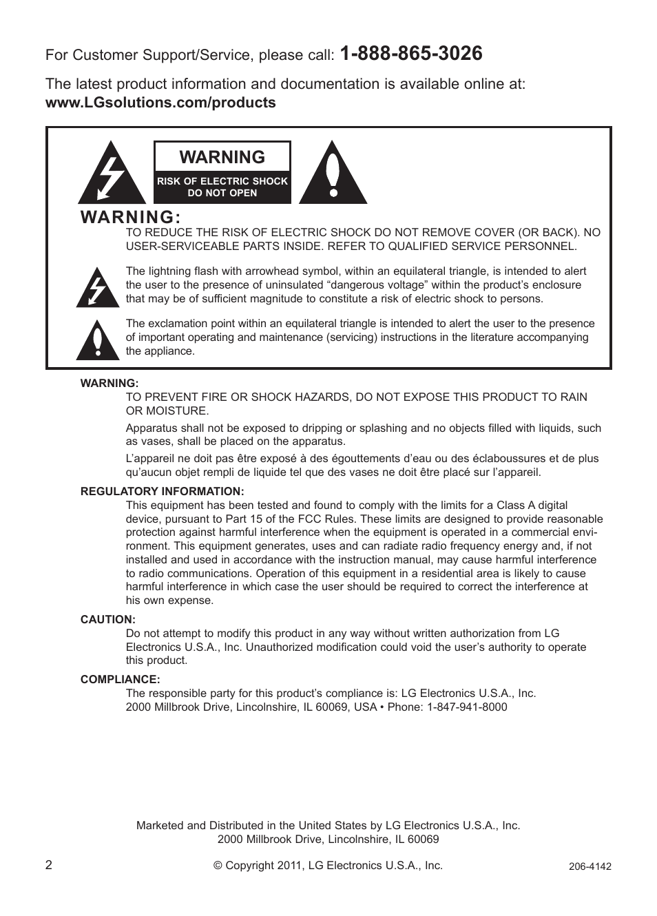 Warning, For customer support/service, please call | LG PCS100R User Manual | Page 2 / 16