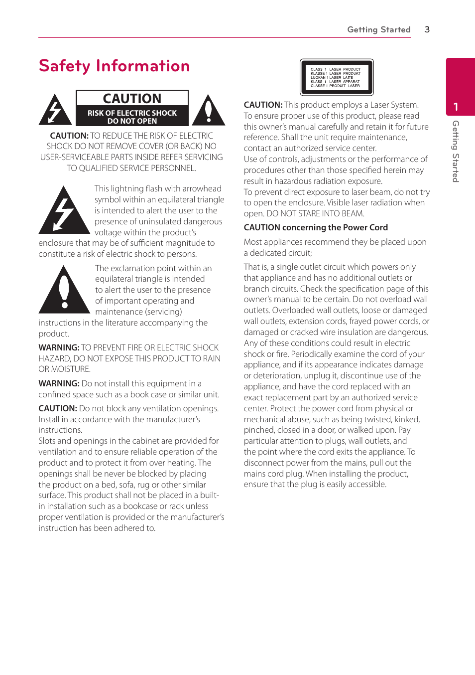 1 getting started, Safety information, Caution | LG HB906TA User Manual | Page 3 / 72