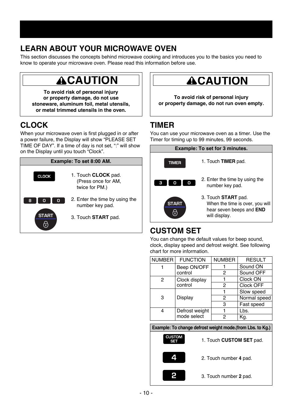 Caution, Operation, Clock | Timer, Custom set, Learn about your microwave oven | LG LMV1650SW User Manual | Page 10 / 32