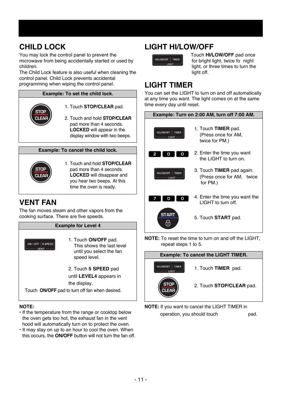 Operation, Child lock, Vent fan | Light hi/low/off, Light timer | LG LMV1650SW User Manual | Page 11 / 32