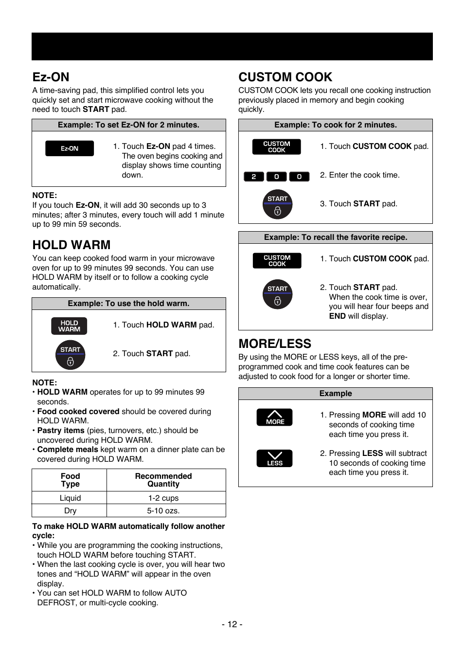 Operation, Ez-on, Hold warm | Custom cook, More/less | LG LMV1650SW User Manual | Page 12 / 32