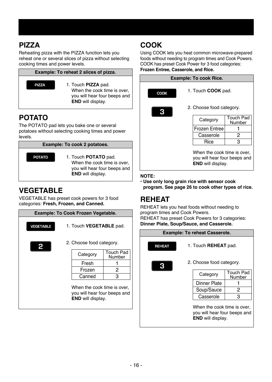 Operation, Cook, Reheat | Pizza, Potato, Vegetable | LG LMV1650SW User Manual | Page 16 / 32