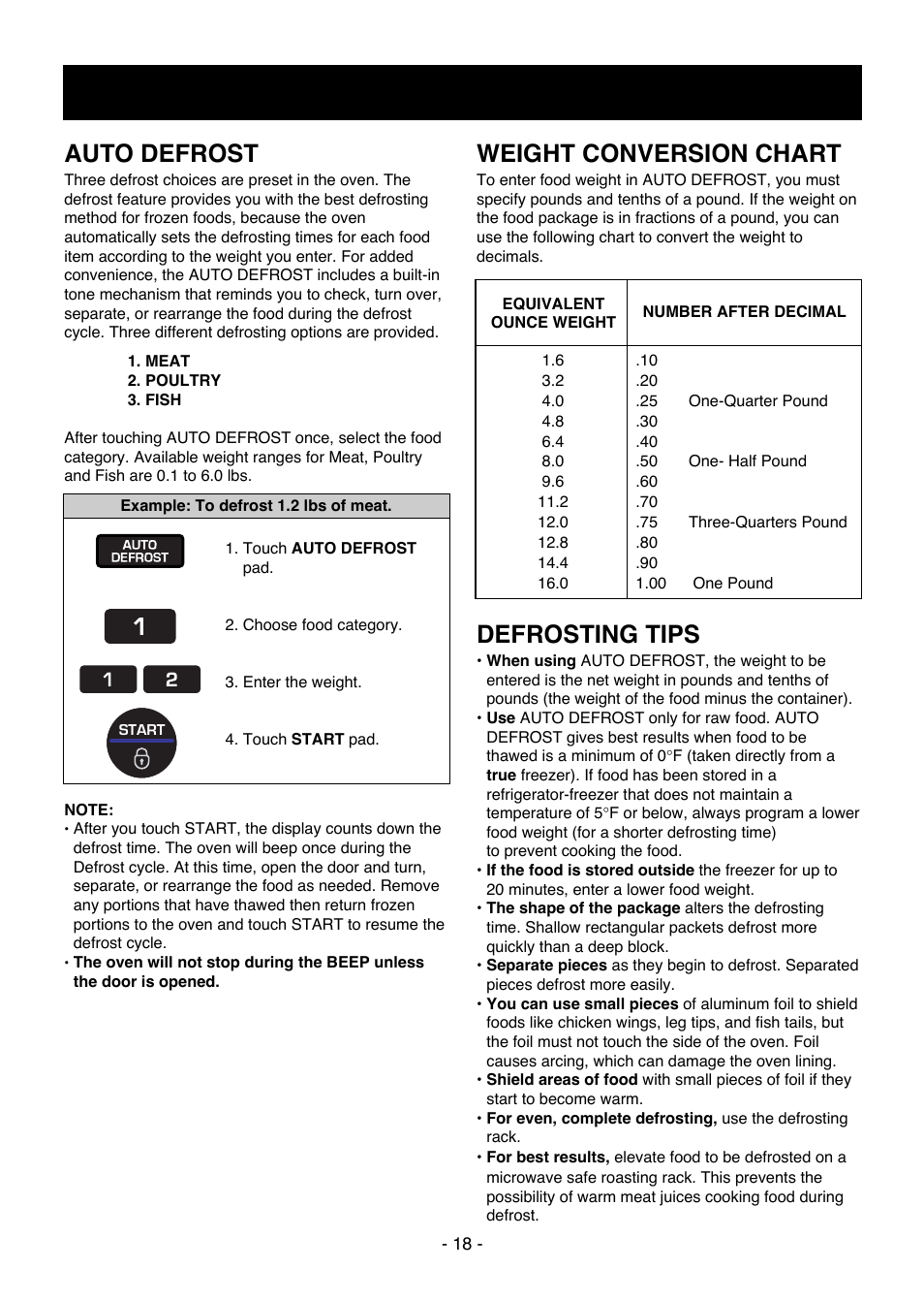 Operation, Auto defrost, Weight conversion chart | Defrosting tips | LG LMV1650SW User Manual | Page 18 / 32