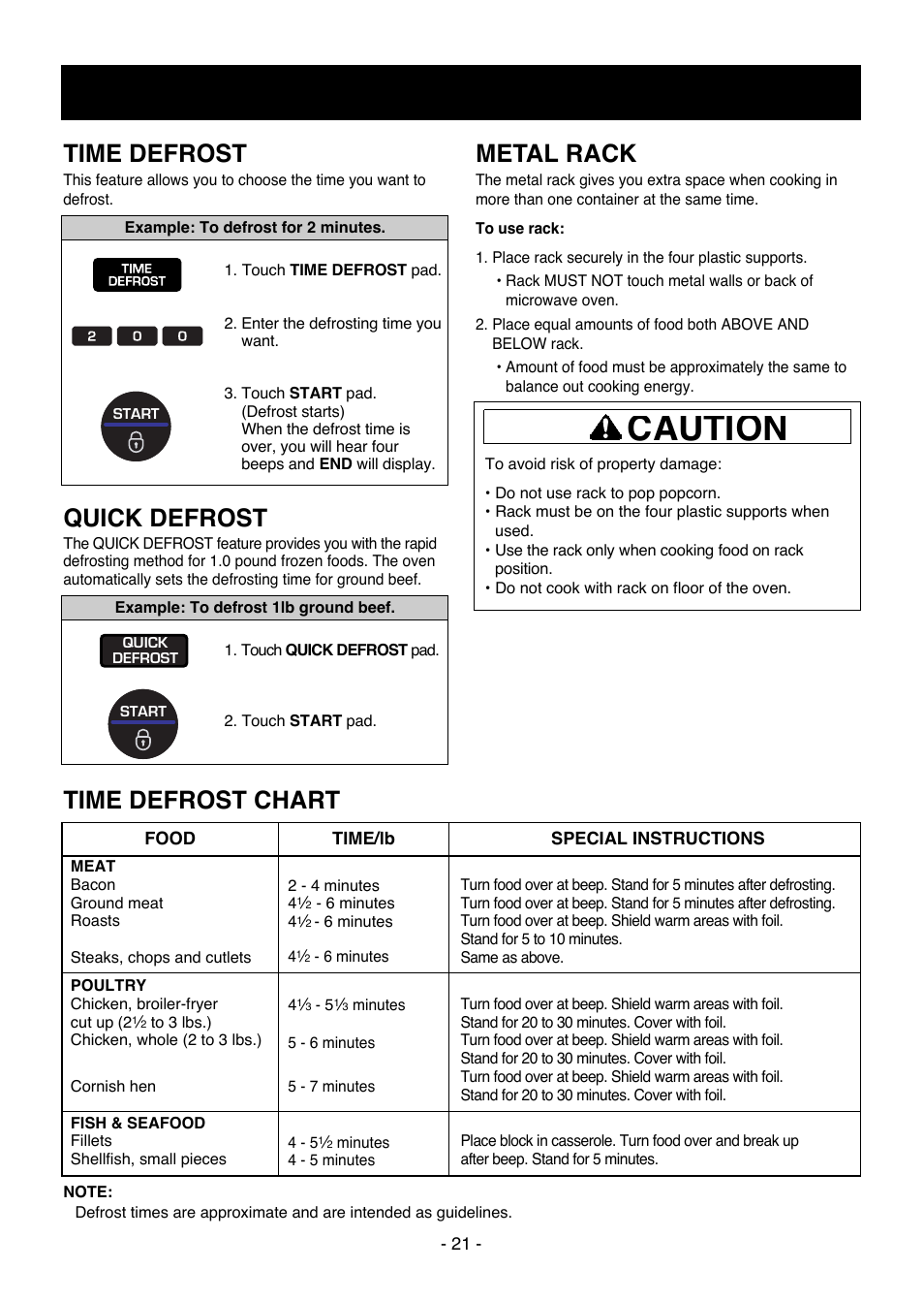 Caution, Operation, Time defrost | Quick defrost, Metal rack, Time defrost chart | LG LMV1650SW User Manual | Page 21 / 32