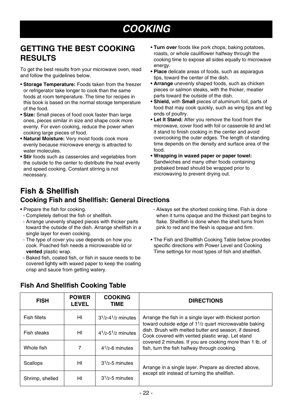 Cooking, Getting the best cooking results, Fish & shellfish | LG LMV1650SW User Manual | Page 22 / 32