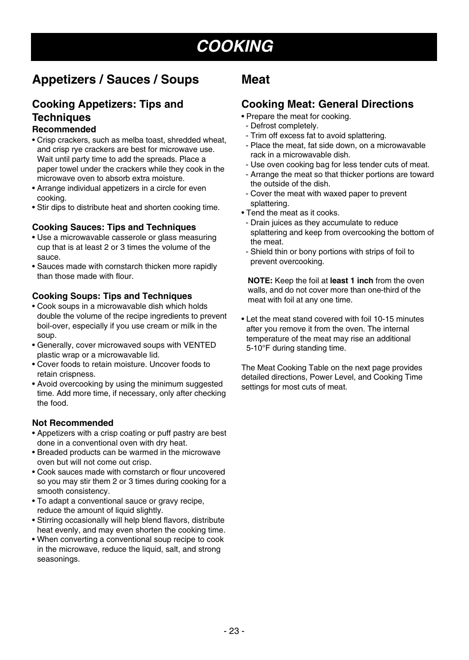 Cooking, Appetizers / sauces / soups, Meat | Cooking appetizers: tips and techniques, Cooking meat: general directions | LG LMV1650SW User Manual | Page 23 / 32