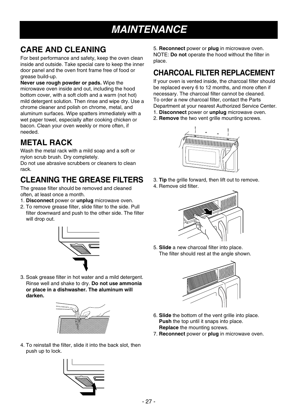 Maintenance, Care and cleaning, Metal rack | Cleaning the grease filters, Charcoal filter replacement | LG LMV1650SW User Manual | Page 27 / 32