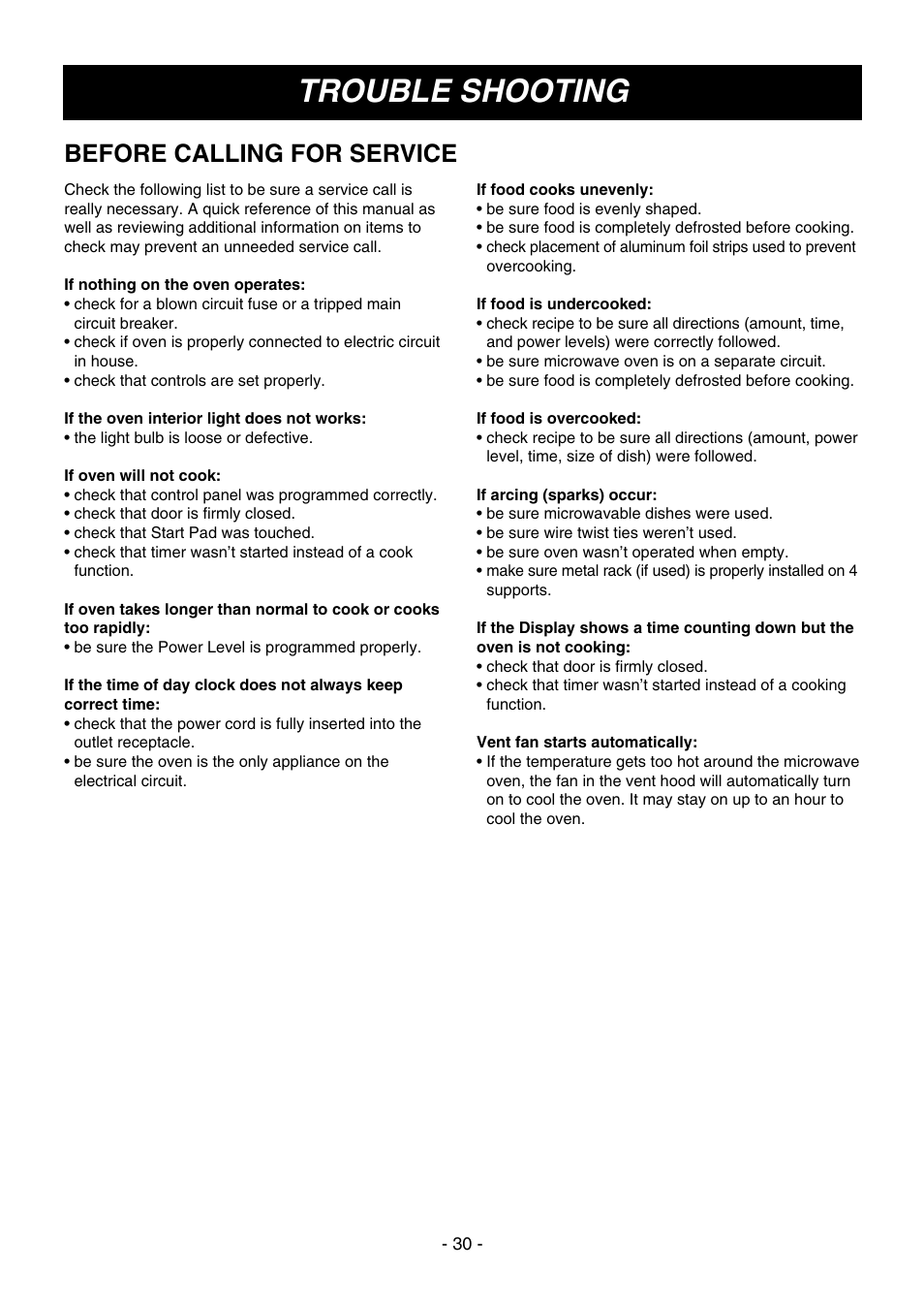 Trouble shooting, Before calling for service | LG LMV1650SW User Manual | Page 30 / 32