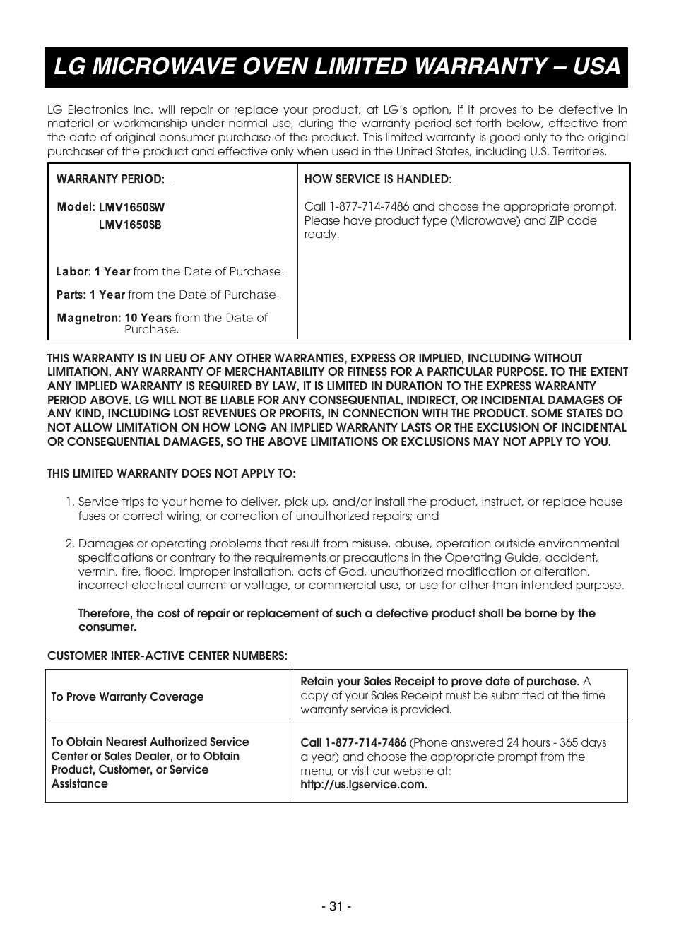 Lg microwave oven limited warranty – usa | LG LMV1650SW User Manual | Page 31 / 32