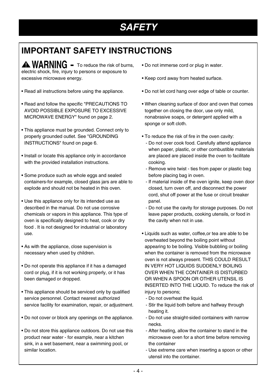 Warning, Safety, Important safety instructions | LG LMV1650SW User Manual | Page 4 / 32