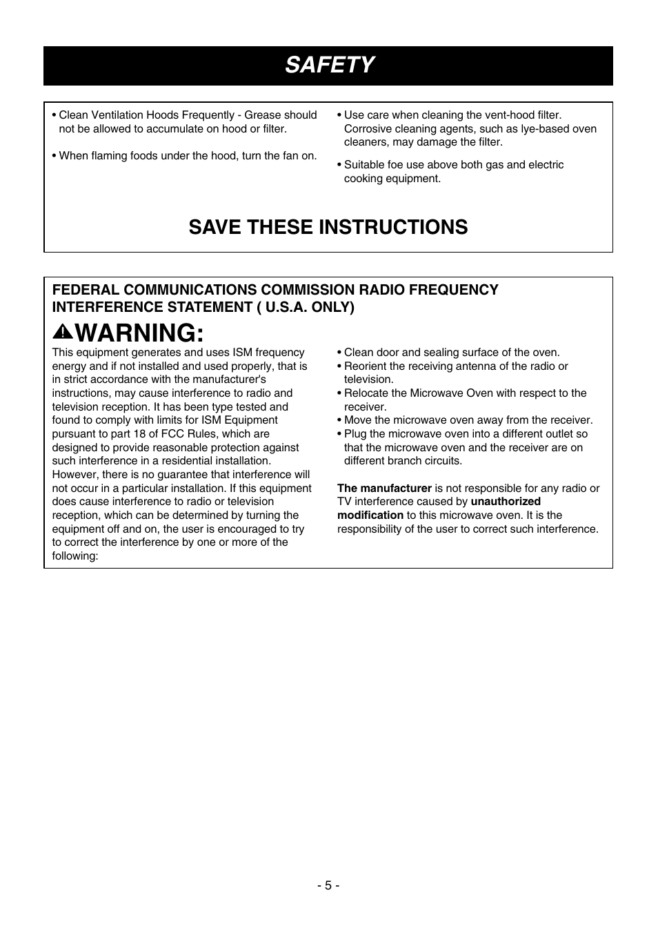 Warning, Safety, Save these instructions | LG LMV1650SW User Manual | Page 5 / 32