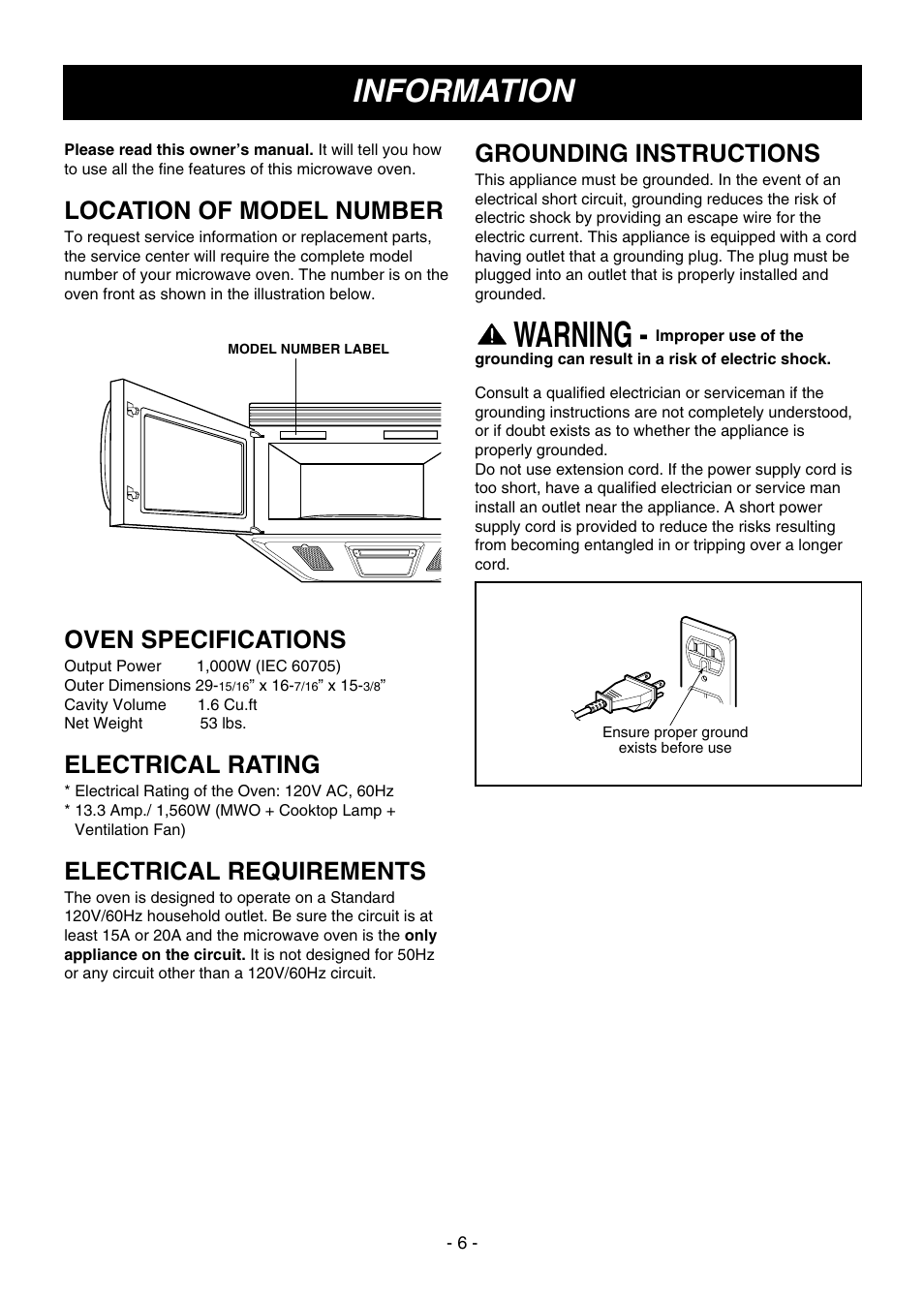 Warning, Information, Location of model number | Oven specifications, Electrical rating, Electrical requirements, Grounding instructions | LG LMV1650SW User Manual | Page 6 / 32