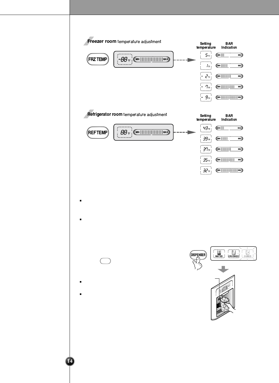 Operation, You can select water or ice, Frztemp | Reftemp | LG LRSC21951ST User Manual | Page 14 / 33
