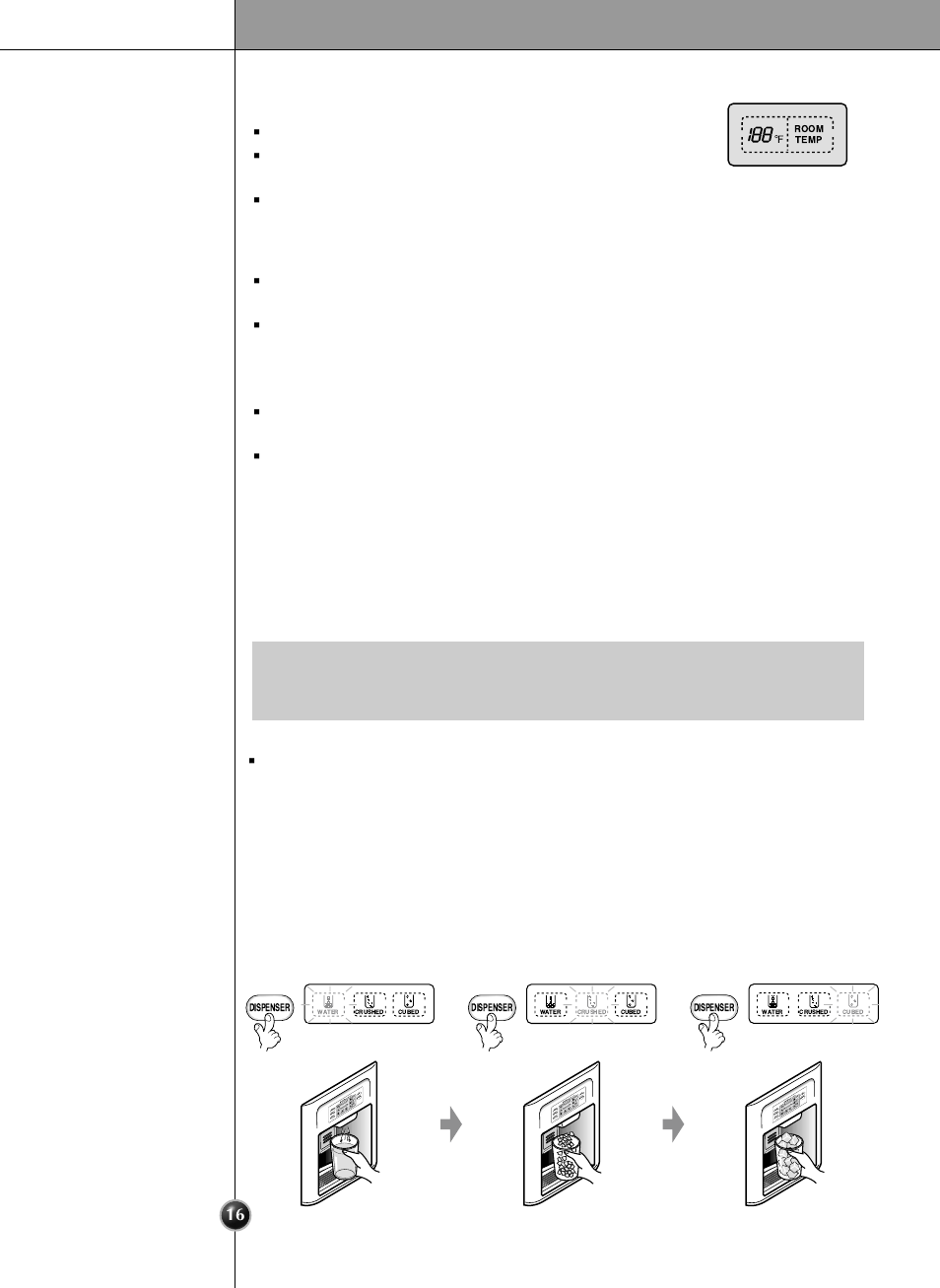 Operation, How to use dispenser, The other functions | How ice/cold water is supplied, Ambient temperature display window, Door open warning, Diagnosis (failure detection) function | LG LRSC21951ST User Manual | Page 16 / 33