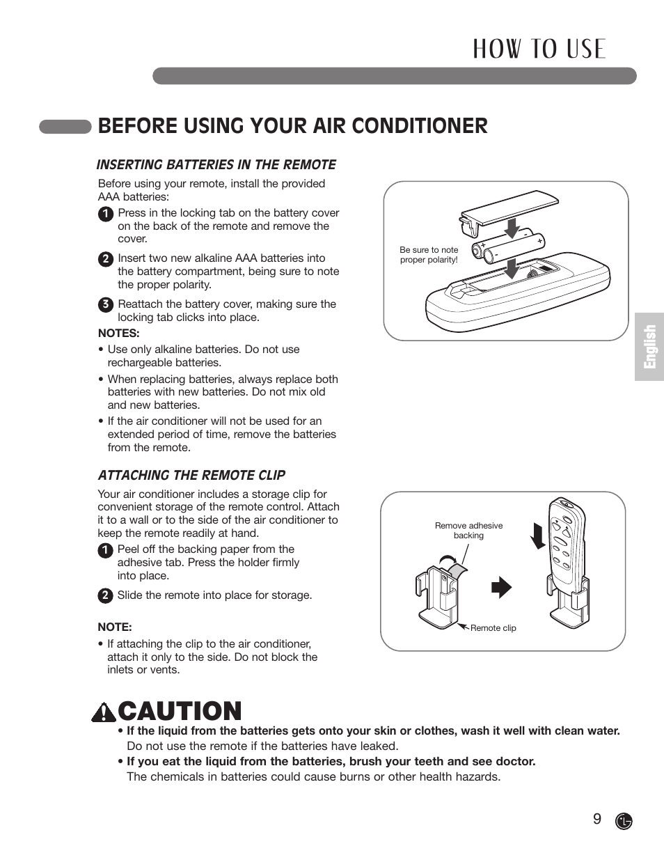 H ow to u s e, Caution, Before using your air conditioner | 9e n g li s h | LG LP 1200DXR User Manual | Page 9 / 26