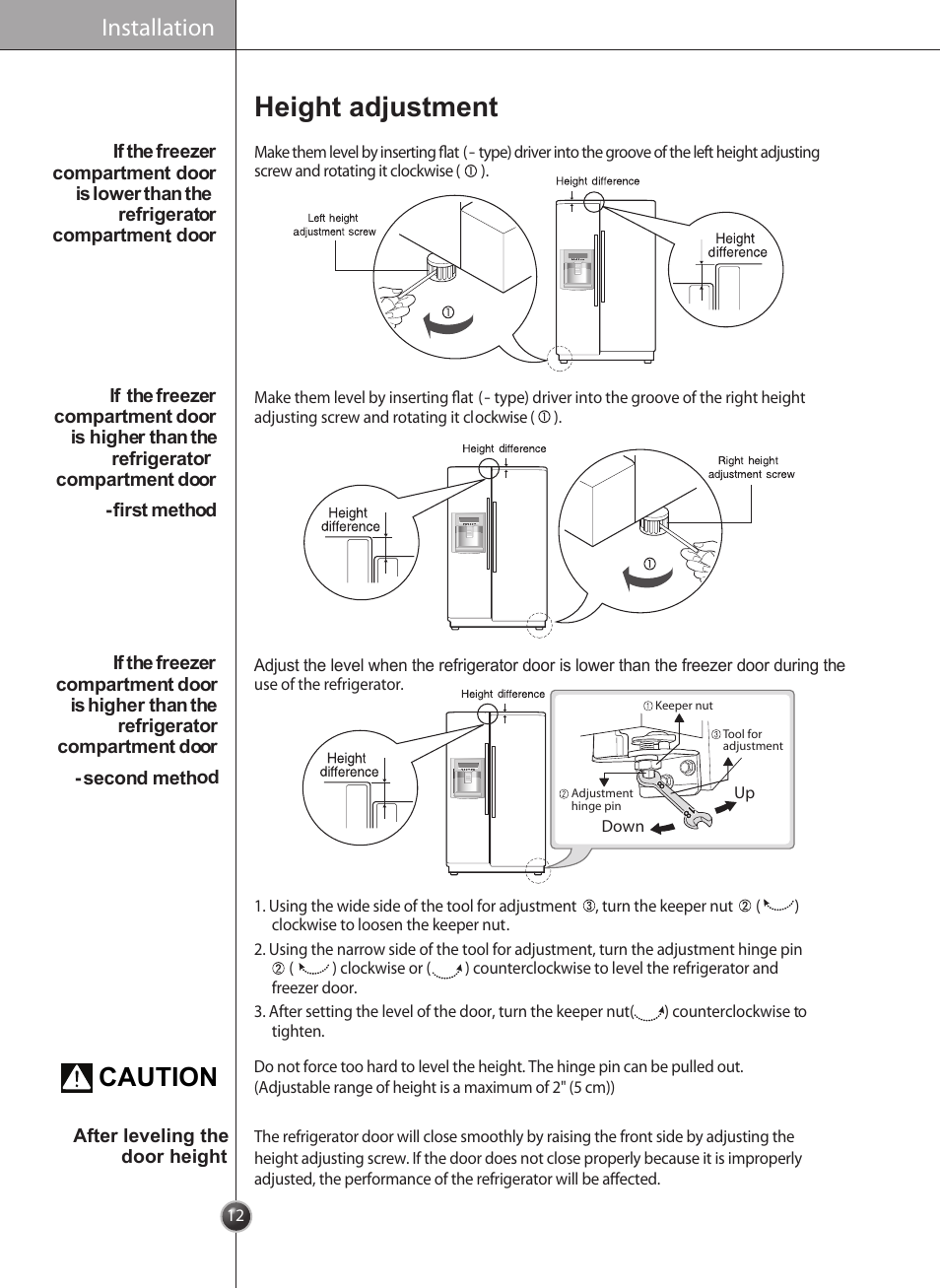 Height adjustment, Caution, Installation | LG LSC26905 User Manual | Page 12 / 56