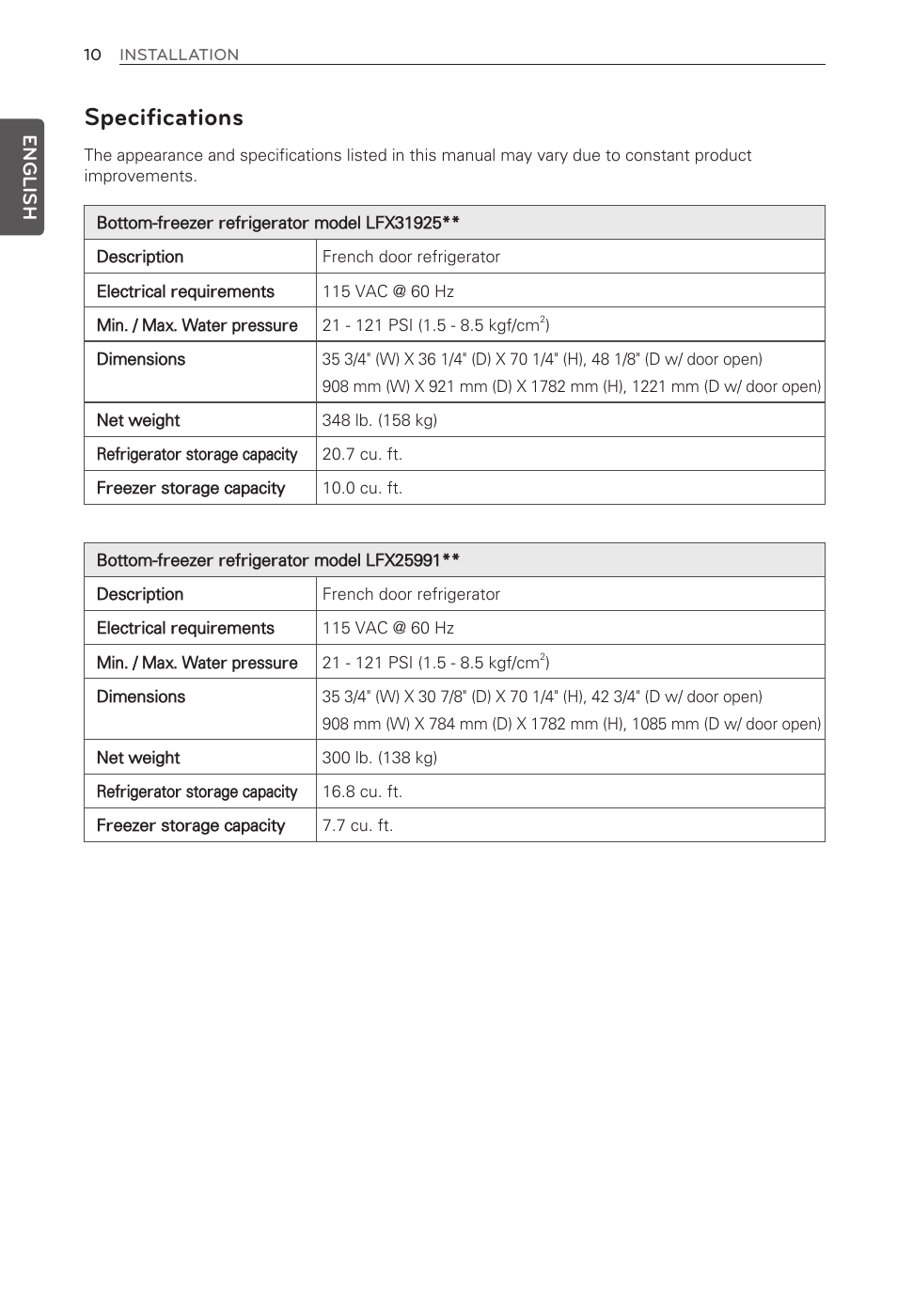 Specifications, English | LG French Door Refrigerator MFL62184416 User Manual | Page 10 / 61
