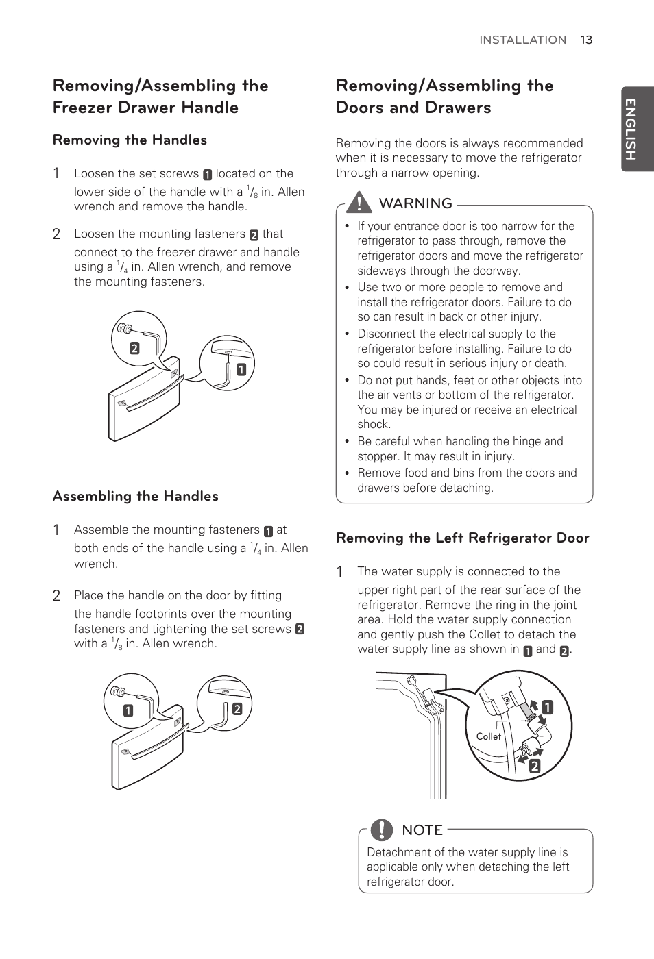 Removing/assembling the freezer drawer handle, Removing/assembling the doors and drawers, Removing the handles 1 | Assembling the handles 1, Removing the left refrigerator door 1, Warning | LG French Door Refrigerator MFL62184416 User Manual | Page 13 / 61