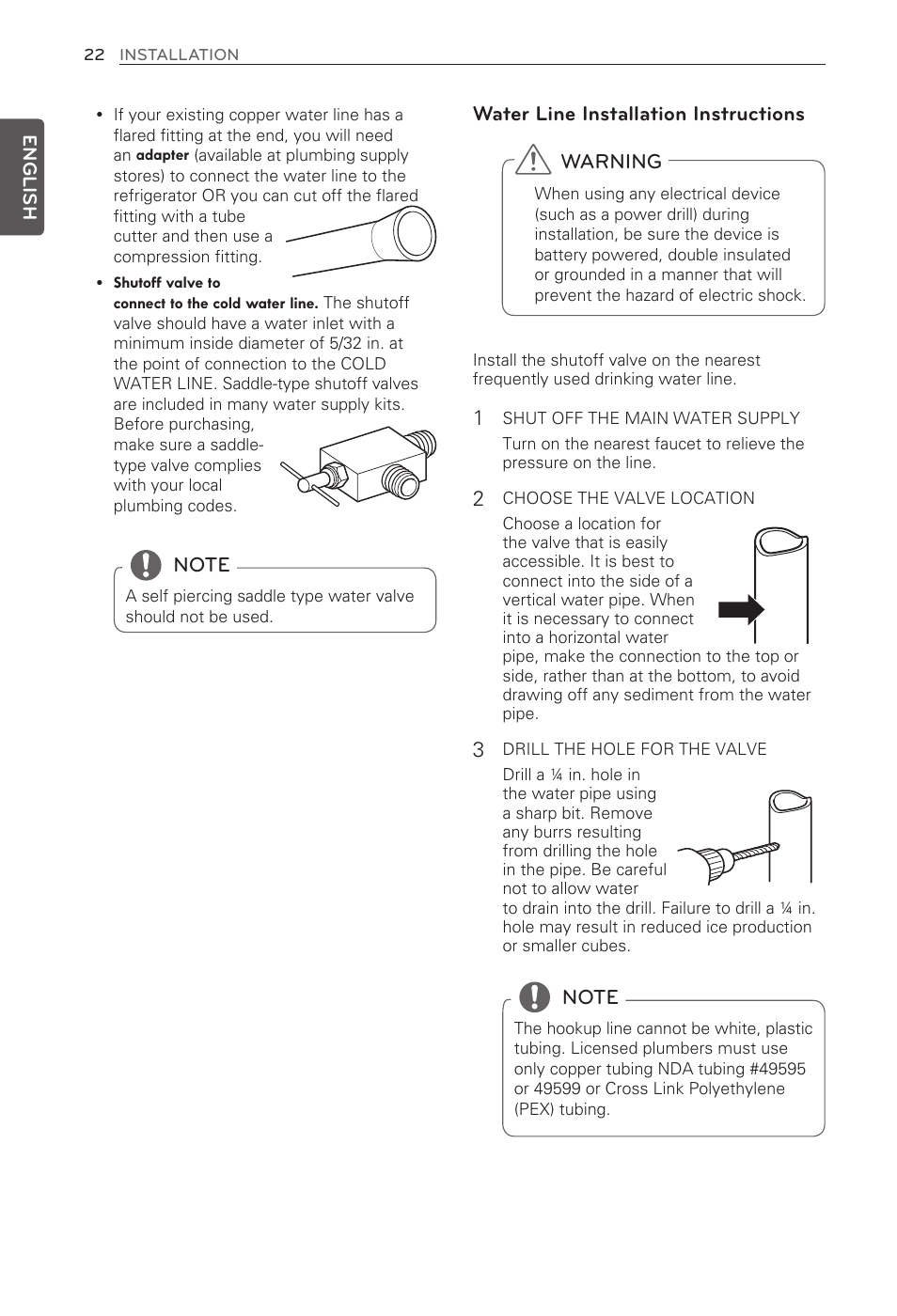 Water line installation instructions, Warning | LG French Door Refrigerator MFL62184416 User Manual | Page 22 / 61
