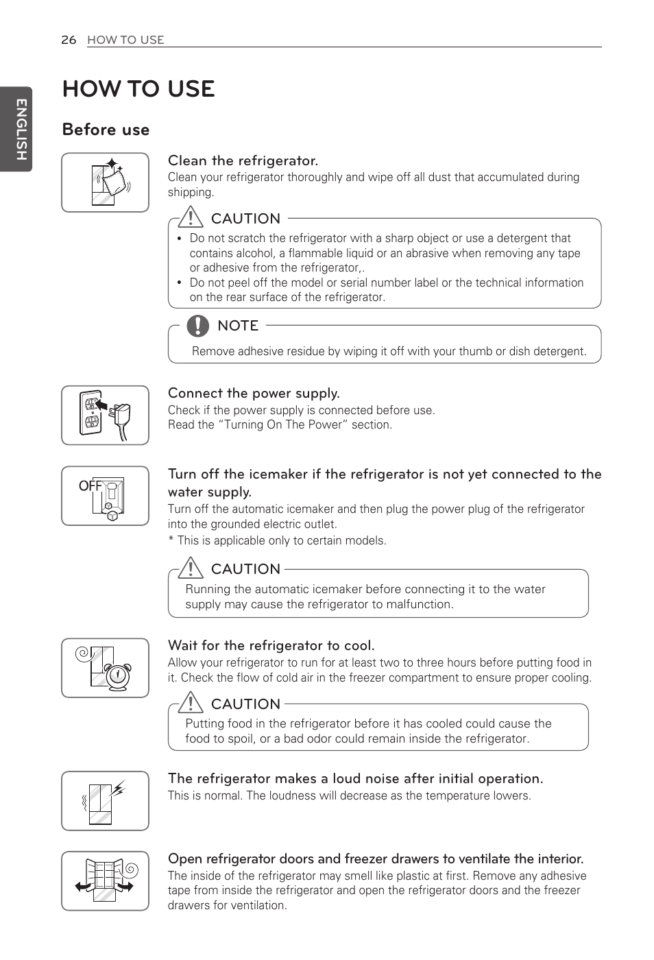 How to use, Before use | LG French Door Refrigerator MFL62184416 User Manual | Page 26 / 61