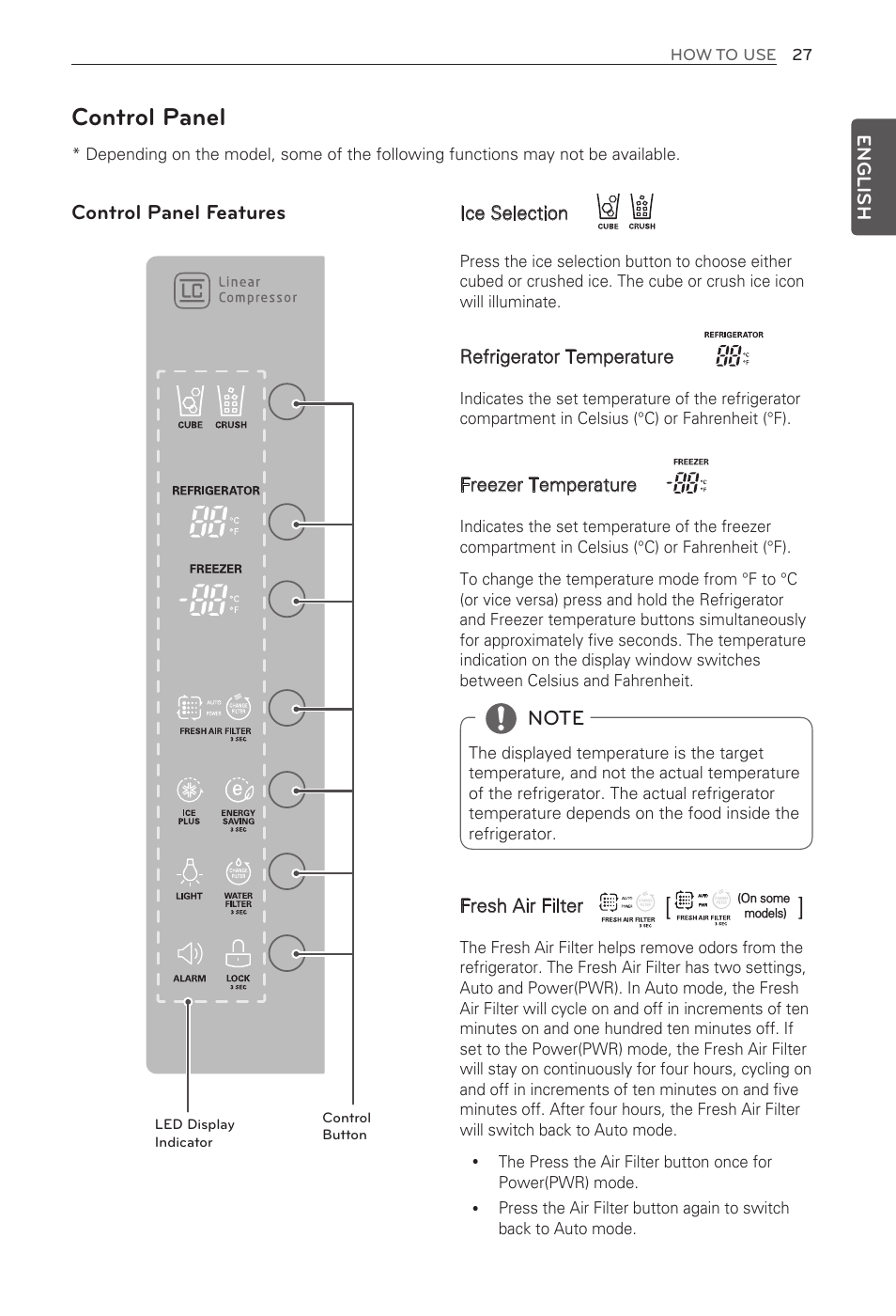 Control panel, Control panel features | LG French Door Refrigerator MFL62184416 User Manual | Page 27 / 61