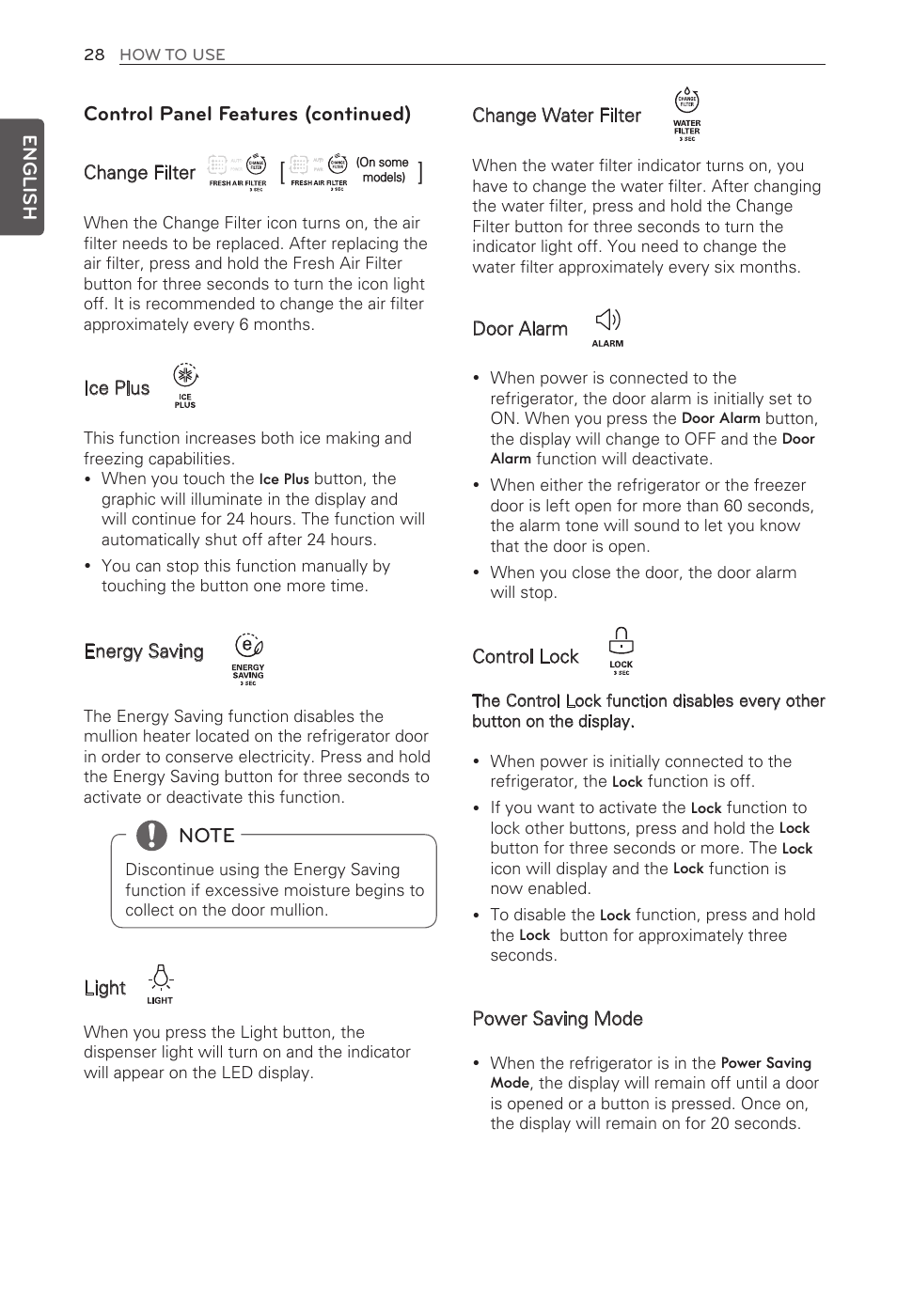 Control panel features (continued) | LG French Door Refrigerator MFL62184416 User Manual | Page 28 / 61