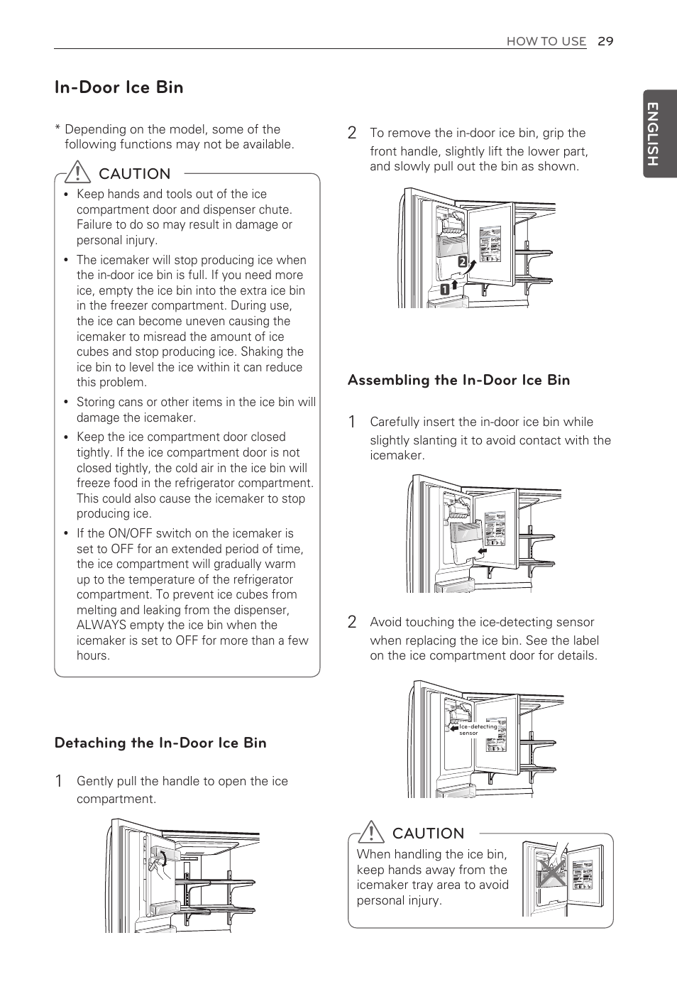In-door ice bin, Caution, Detaching the in-door ice bin | Assembling the in-door ice bin | LG French Door Refrigerator MFL62184416 User Manual | Page 29 / 61