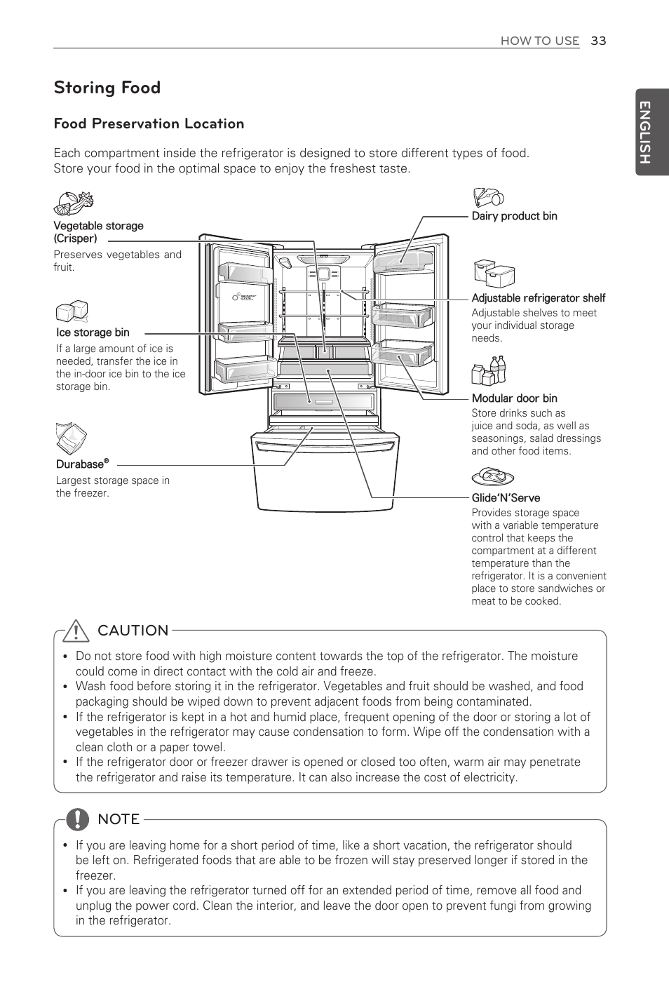 Storing food, Food preservation location, Caution | English | LG French Door Refrigerator MFL62184416 User Manual | Page 33 / 61